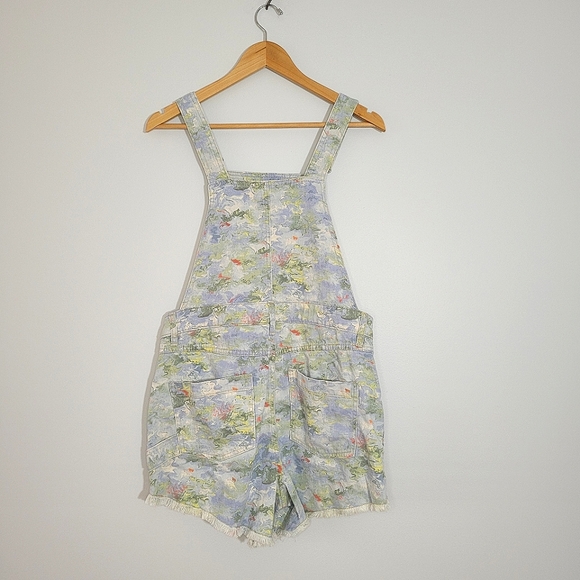 ANTHROPOLOGIE PILCRO Cut Off Short Pastel Print Denim Overalls w/Frayed Hem - Picture 6 of 15